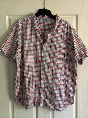 Columbia Red and White Plaid Short-Sleeve Button-Down Shirt